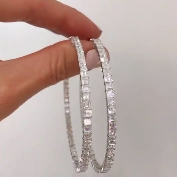 Classic Asscher Cut Hoop Earrings 925 Sterling Silver - Picture 4 of 4